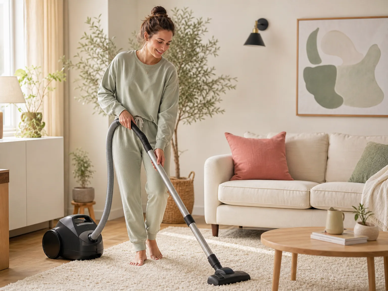 A woman in her early thirties vacuuming a sunlit living room rug with a lightweight vacuum, warm morning light through large windows