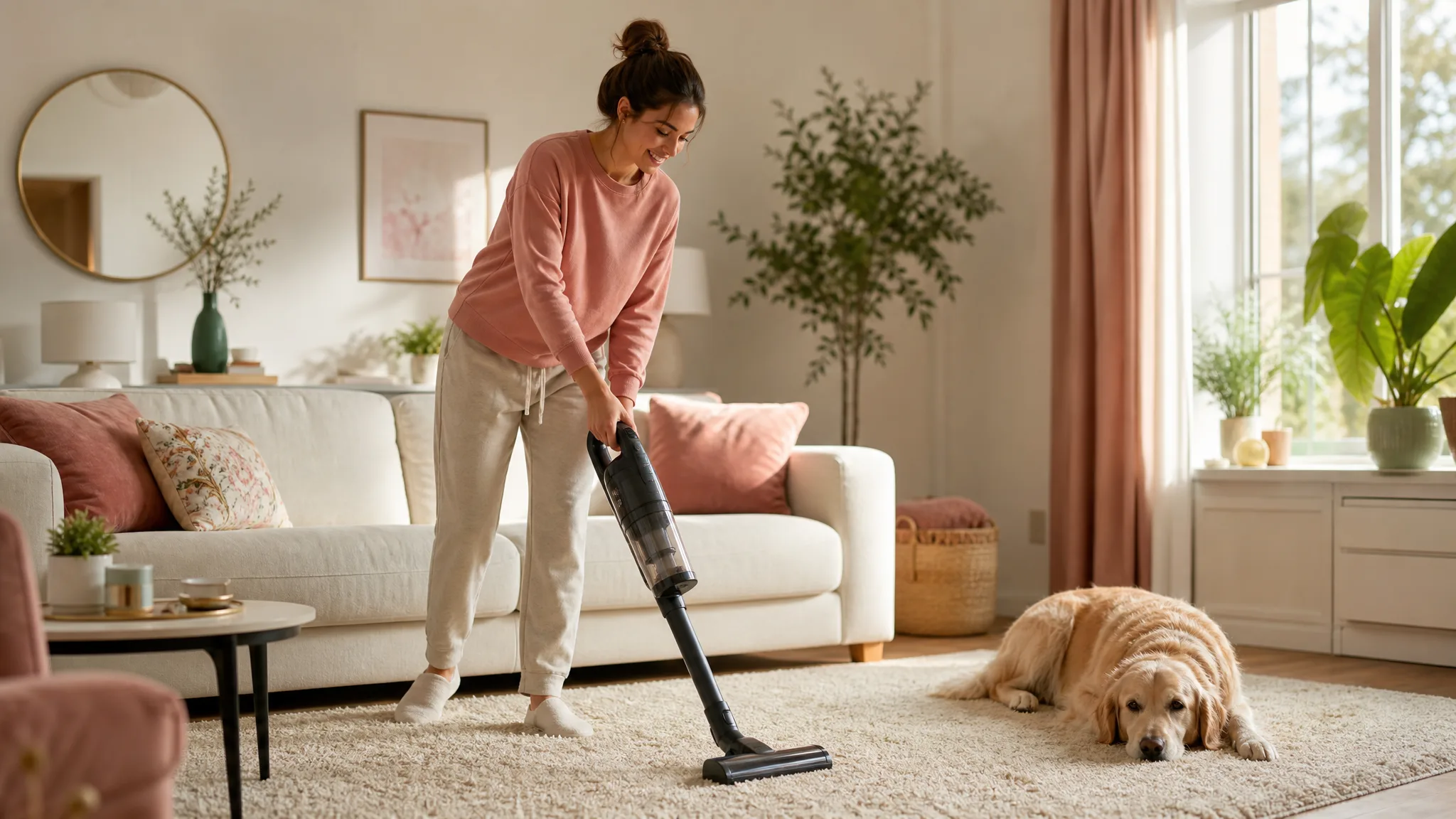 A woman vacuuming a living room rug with a cordless stick vacuum while a dog rests nearby in warm afternoon light