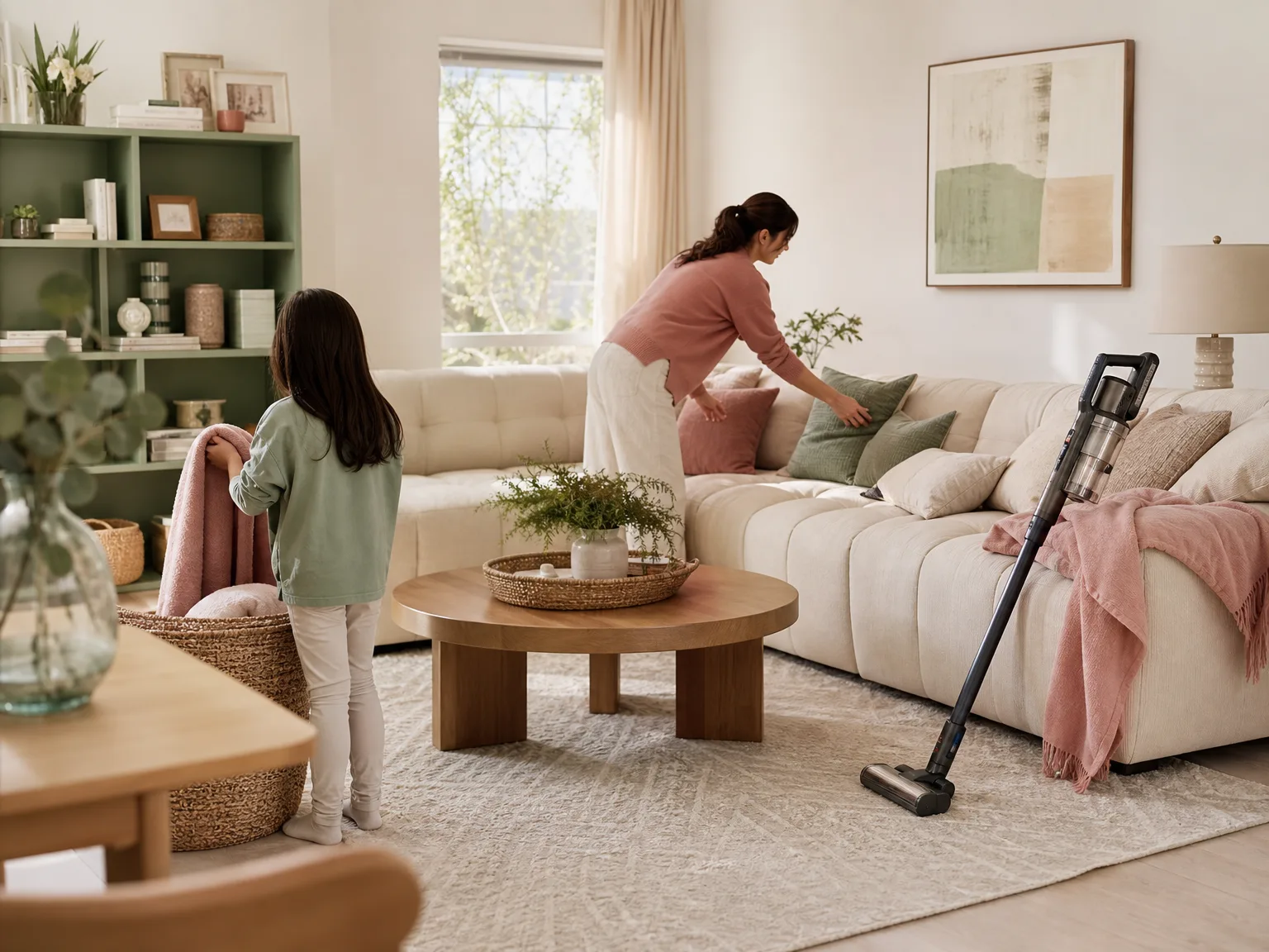 A parent and child tidying a bright living room together, cordless vacuum leaning against the couch