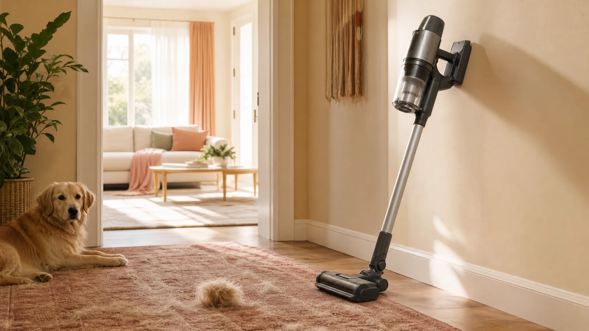 Several cordless stick vacuums standing upright on a warm cream hardwood floor in a sunlit living room with soft morning light