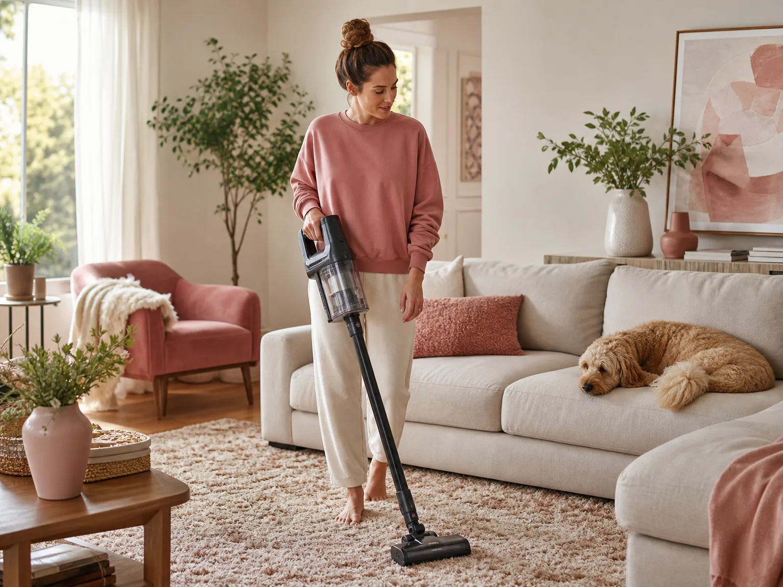 A woman in her early thirties vacuuming a medium-pile rug in a bright modern living room with a cordless stick vacuum, a dog resting nearby on a cream sofa