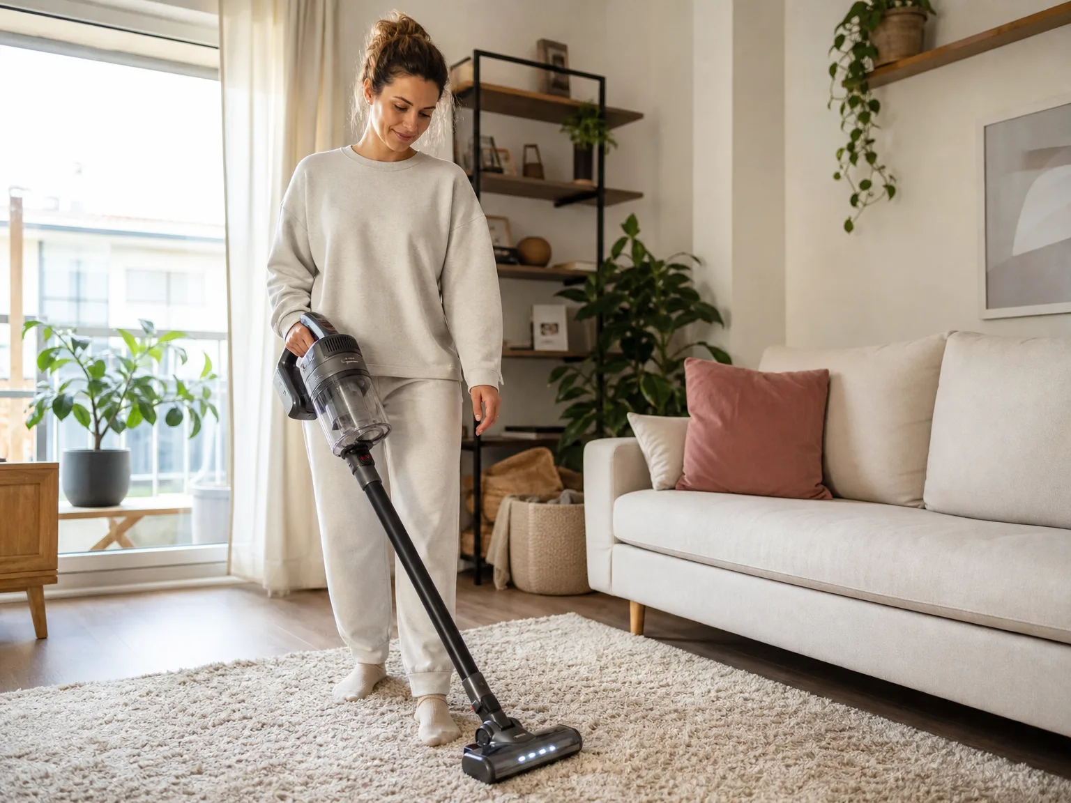 Woman in her early thirties using a cordless stick vacuum on a medium-pile rug in a bright modern living room with a cream sofa and dusty rose accent pillows