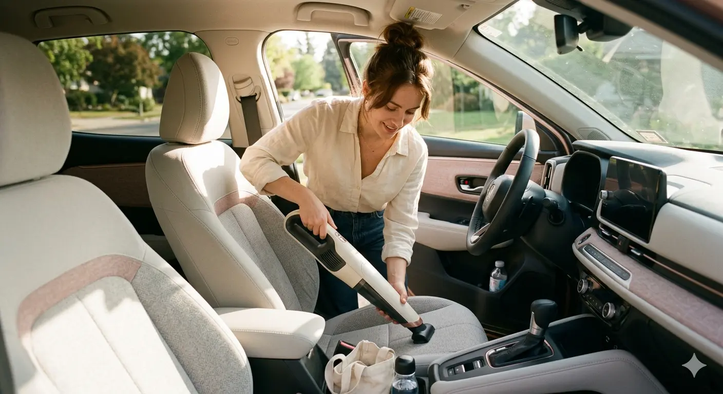 Cordless handheld vacuum being used to clean car upholstery in a sunlit garage, warm cream interior tones