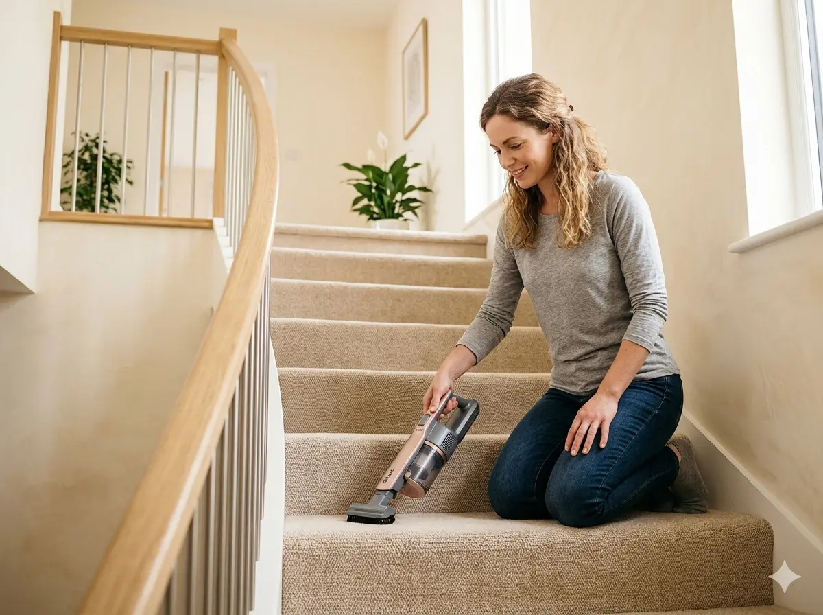 Woman using a cordless handheld vacuum to clean carpeted stairs in a bright, modern home, cream and rose tones