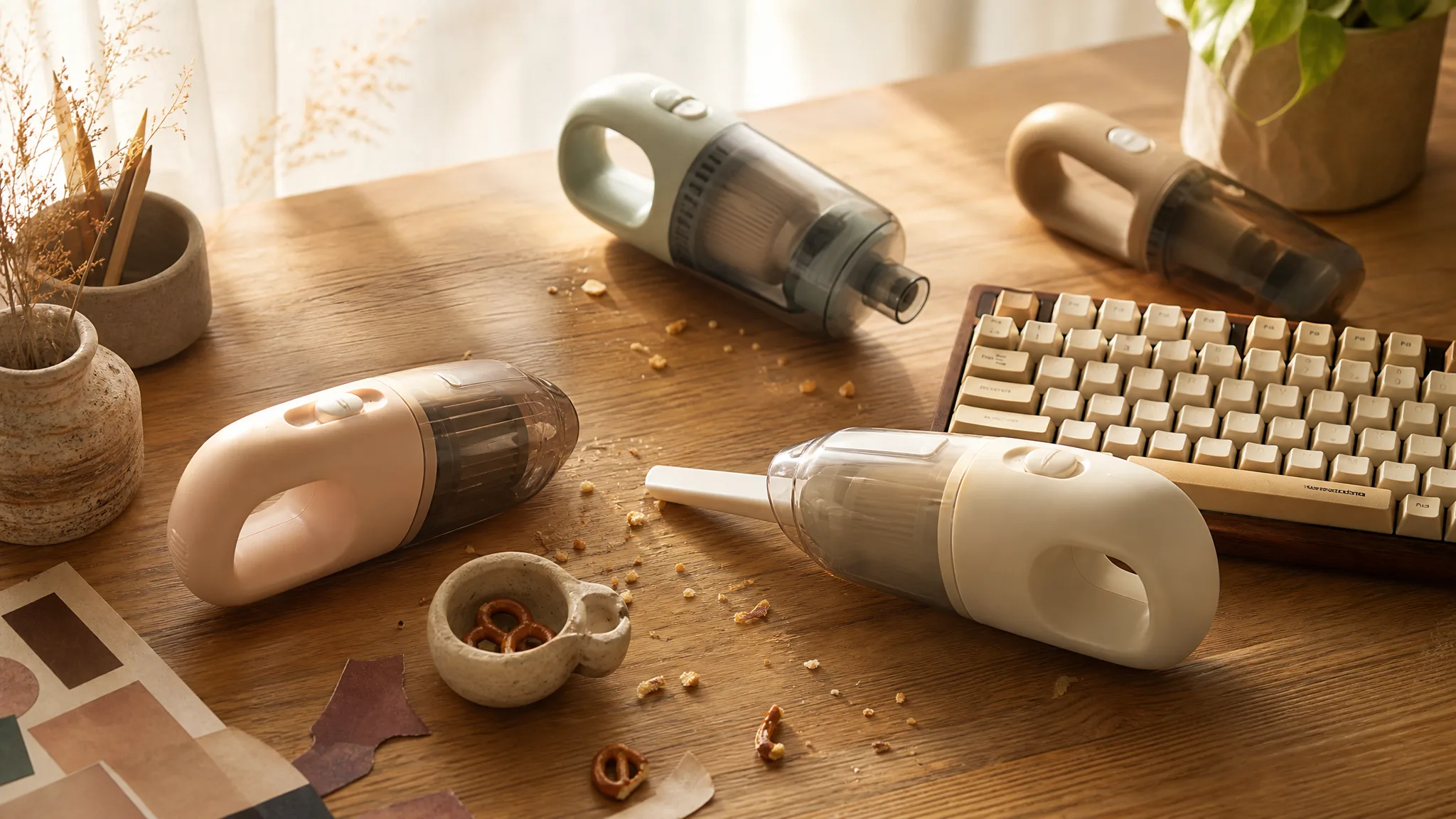 Assortment of mini cordless handheld vacuums arranged on a sunlit wood desk beside a keyboard, craft supplies, and a car cup-holder insert