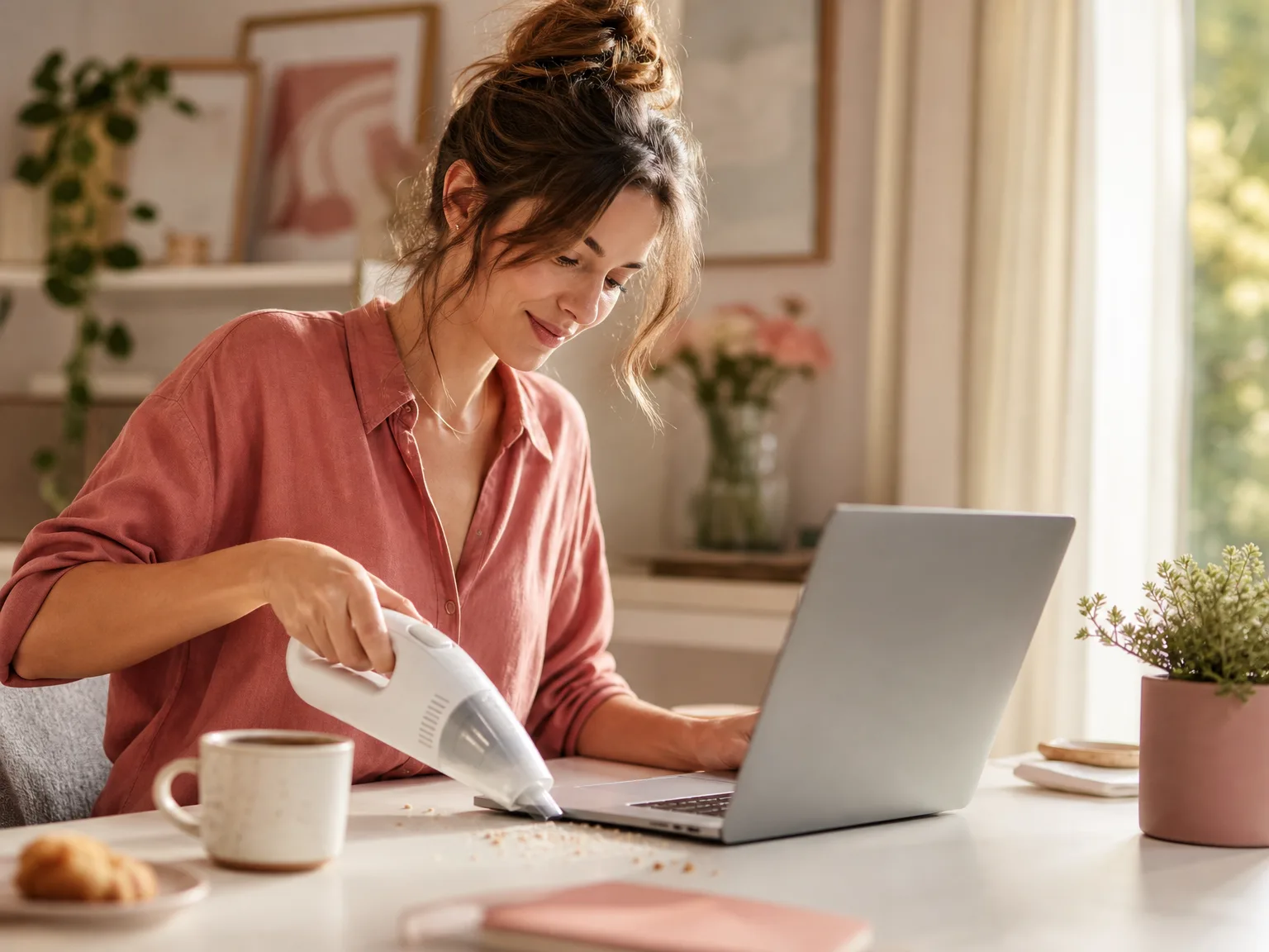 Woman using a compact cordless handheld vacuum to clean a home office desk beside a laptop and scattered craft supplies in warm natural light