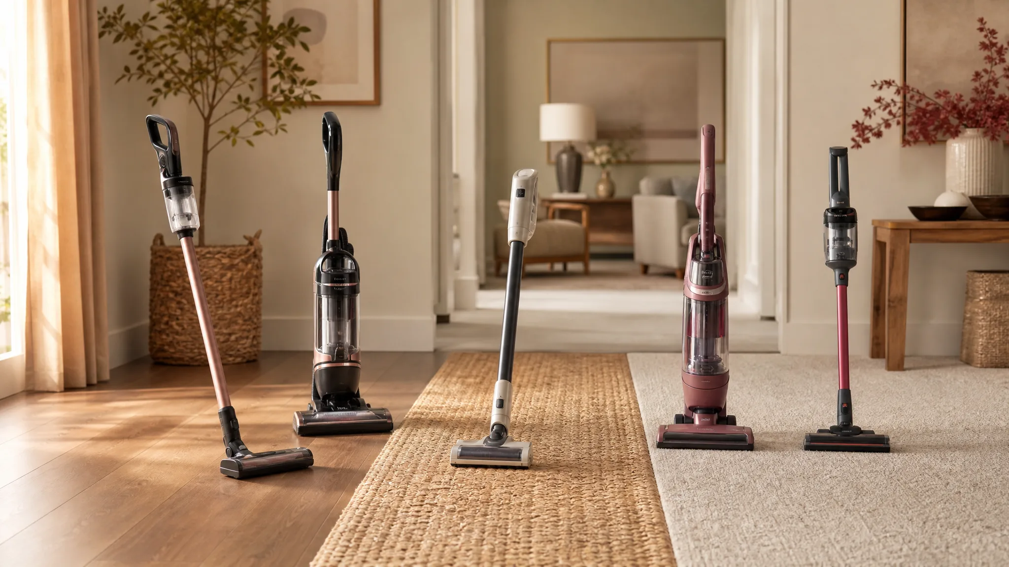Five vacuums arranged on mixed flooring including hardwood, area rug, and carpet in a bright living room