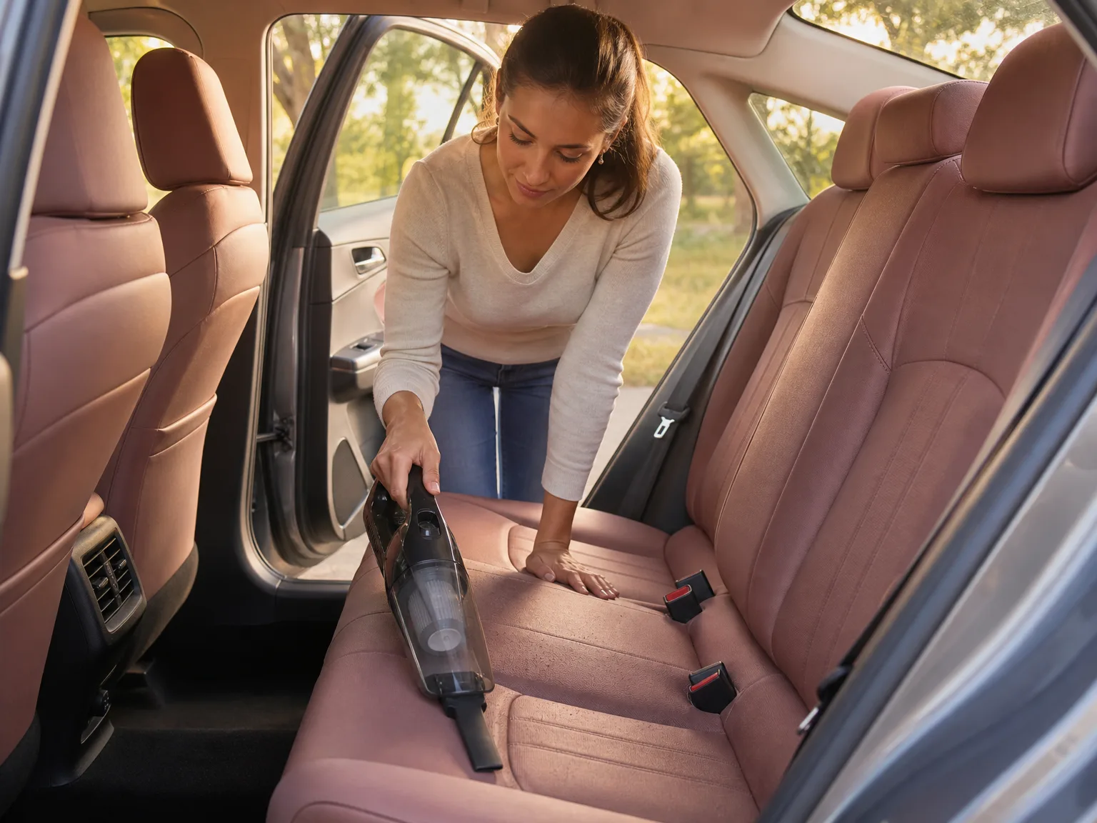 A woman cleaning car rear seats with a cordless handheld vacuum, warm sunlight through car windows, natural tones