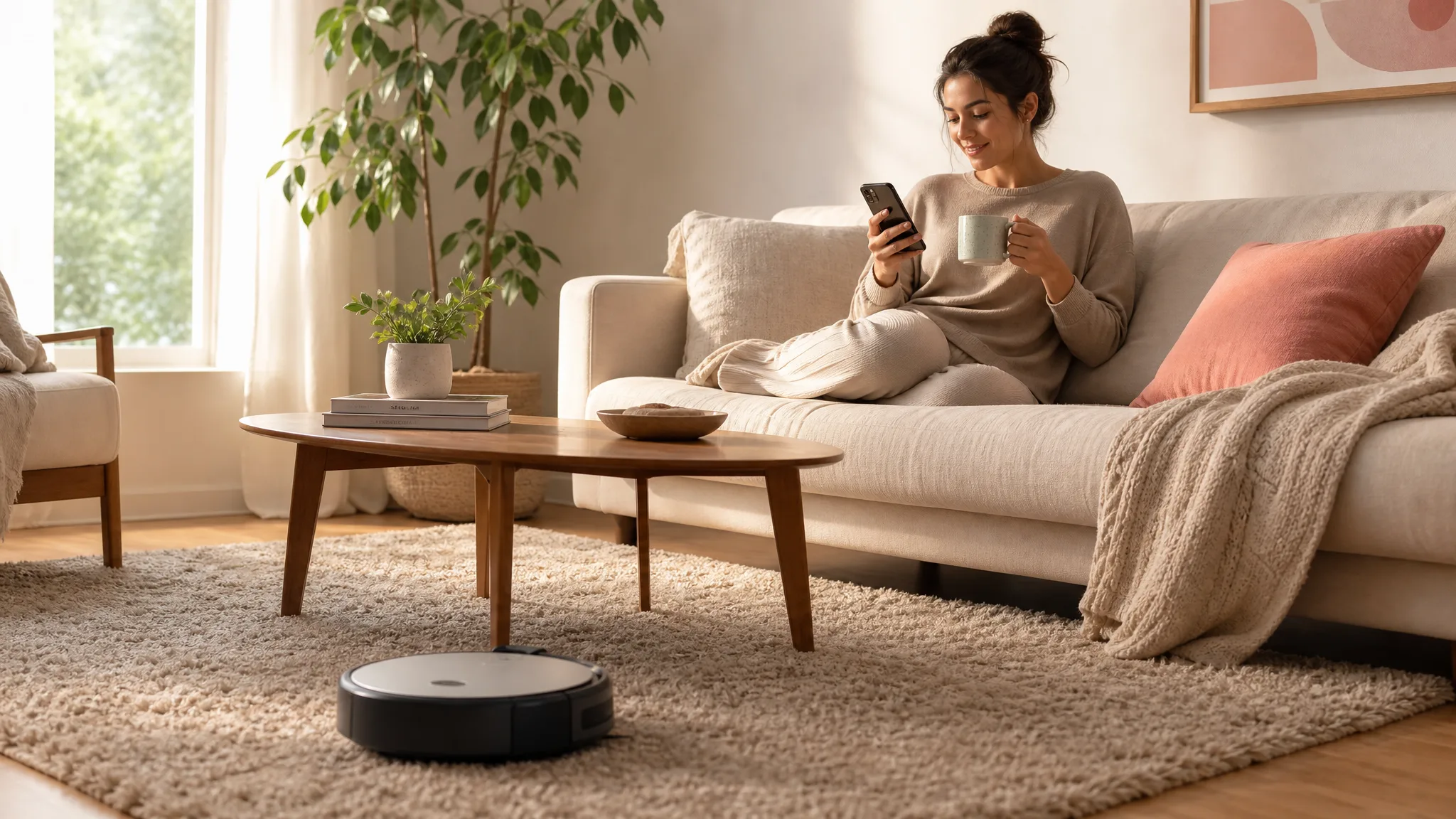 A modern living room with warm morning light, a robot vacuum gliding across a rug while a woman relaxes on a cream sofa with coffee and her phone