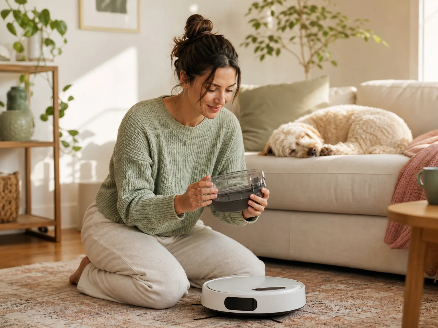 A woman kneeling on a warm-toned rug in a bright living room, inspecting a robot vacuum's dust bin with a satisfied expression, dog sleeping on the sofa behind her