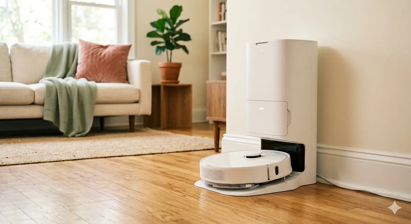 A self-emptying robot vacuum docking at its tall auto-empty base on warm hardwood floor in a sunlit living room