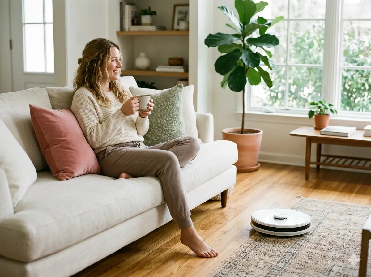 A woman in casual clothes relaxing on a cream sofa while a robot vacuum cleans the hardwood floor nearby in warm window light