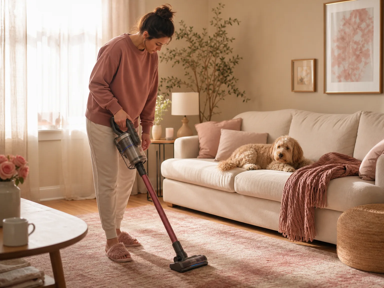 A woman using the Shark Stratos cordless vacuum on a warm-toned living room rug while a dog rests nearby on a cream sofa