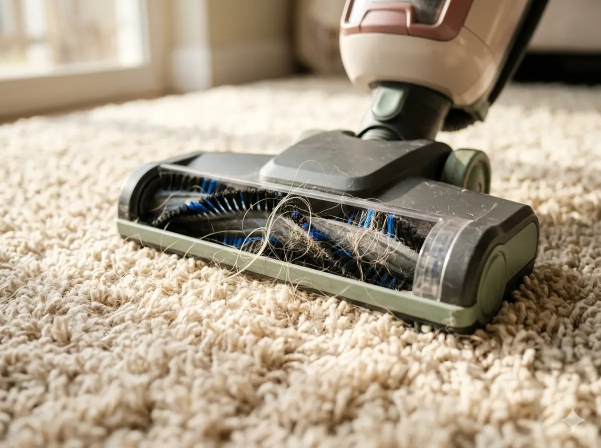 Close-up of an upright vacuum brush head lifting visible pet hair from a beige high-pile rug