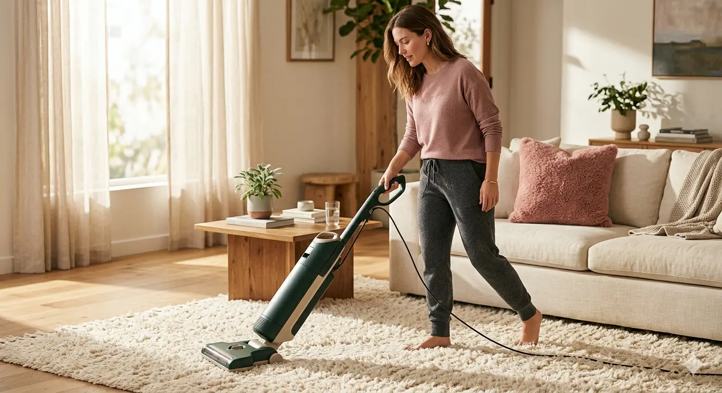 A woman vacuuming a high-pile area rug with an upright vacuum in a warm, naturally lit living room