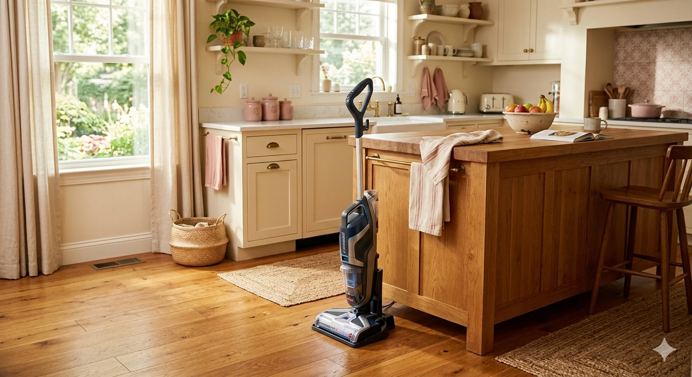 Vacuum mop combo cleaning a sunlit hardwood kitchen floor in a modern home