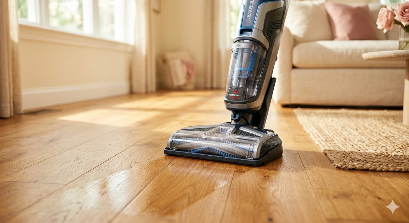 Close-up of a cordless wet-dry floor cleaner gliding across warm hardwood floors in a bright living room