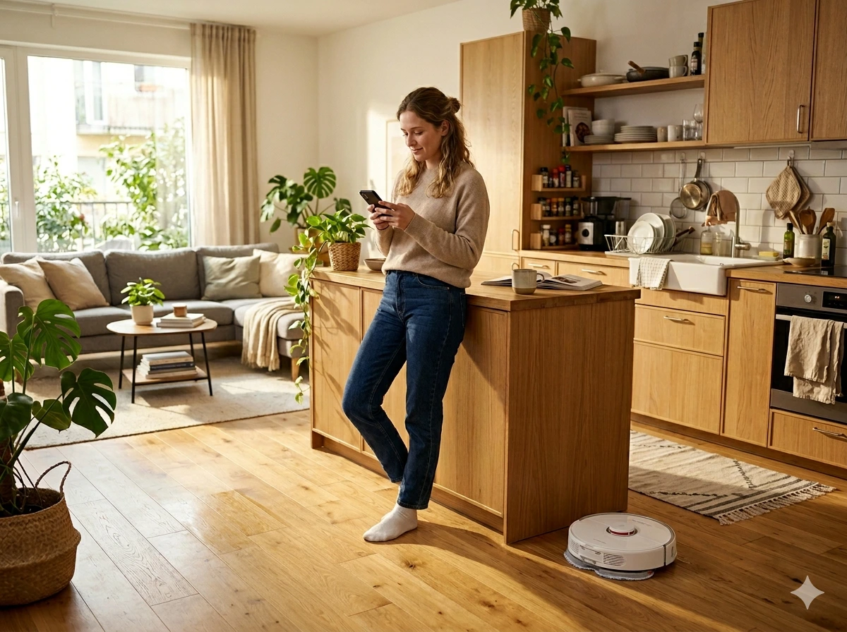 Woman checking her phone while a robot vacuum mops a sunny kitchen floor in a modern apartment