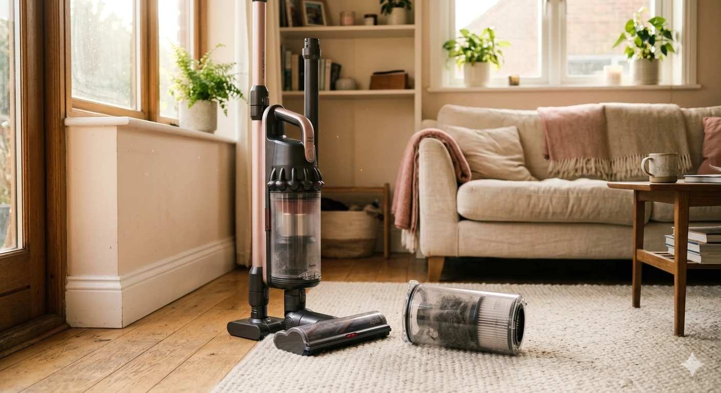 Vacuum cleaner on a sunlit living room floor beside a HEPA filter and allergen test strips