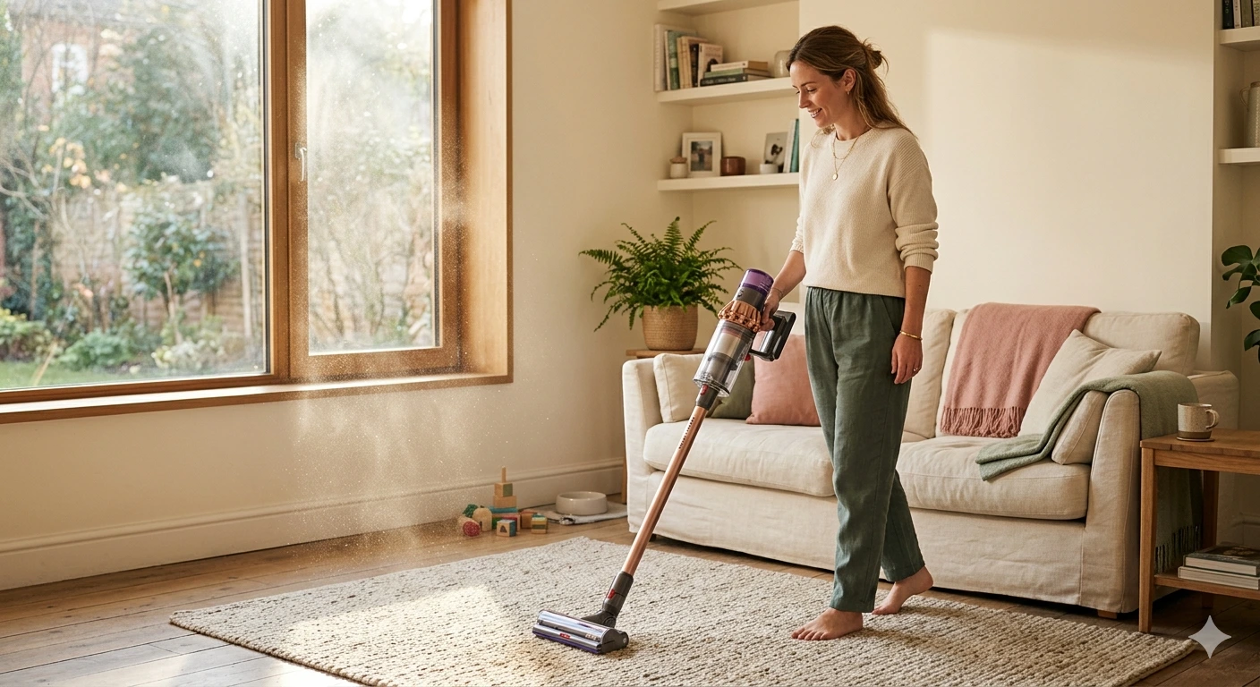 Woman vacuuming a cream-toned living room with natural light streaming in, visible dust particles in the air