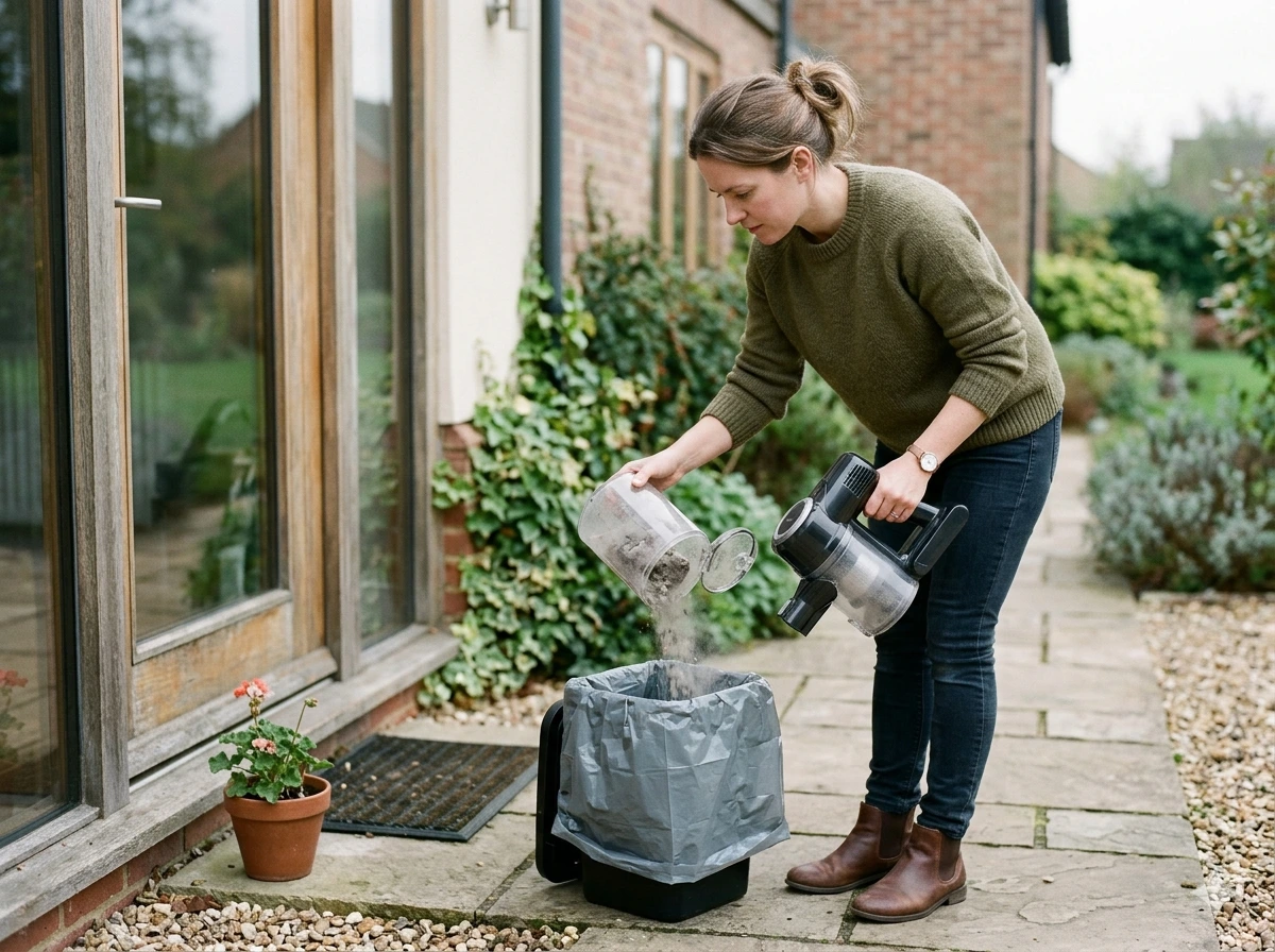 Person emptying a vacuum bin carefully outdoors to avoid releasing trapped allergen dust