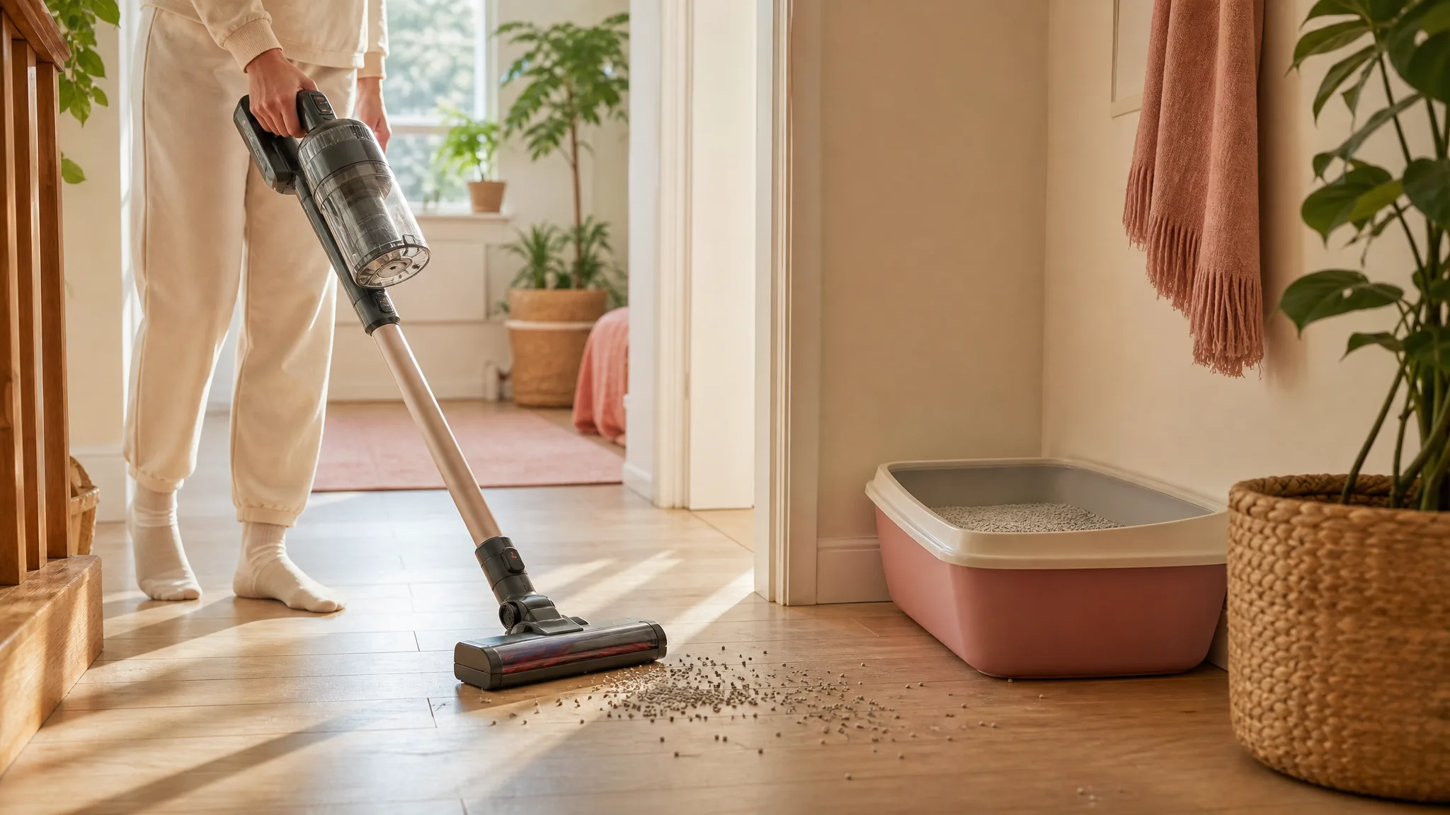 Vacuum picking up scattered cat litter near a litter box in a sunlit hardwood hallway, warm cream and soft rose tones