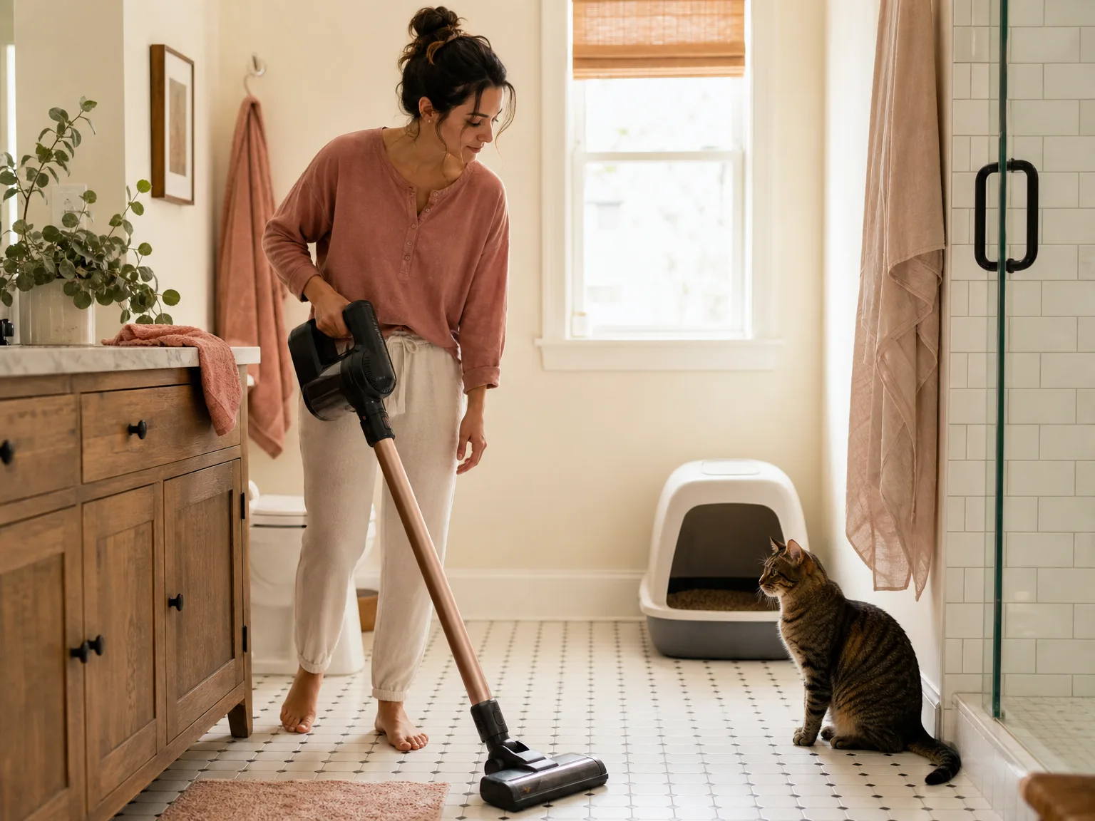 Woman vacuuming near a cat litter box in a bright hallway with warm wood floors, casual morning setting