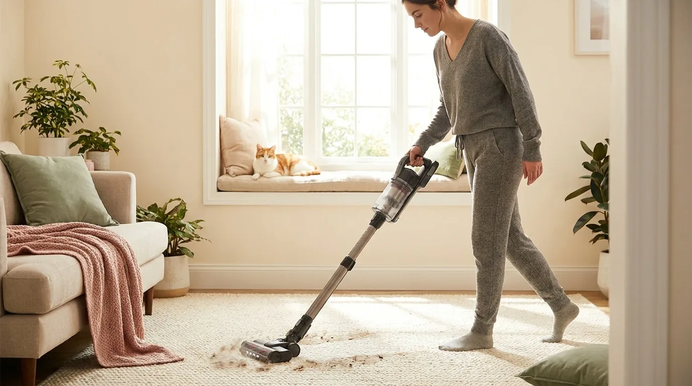 A woman vacuuming pet hair from a textured area rug while a cat watches from a sunlit window seat