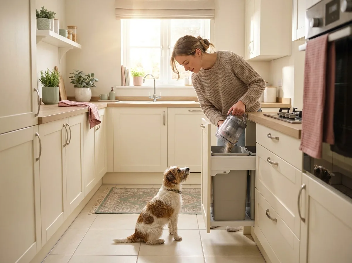 A young woman emptying a vacuum dust bin in a bright kitchen while a small dog sits at her feet
