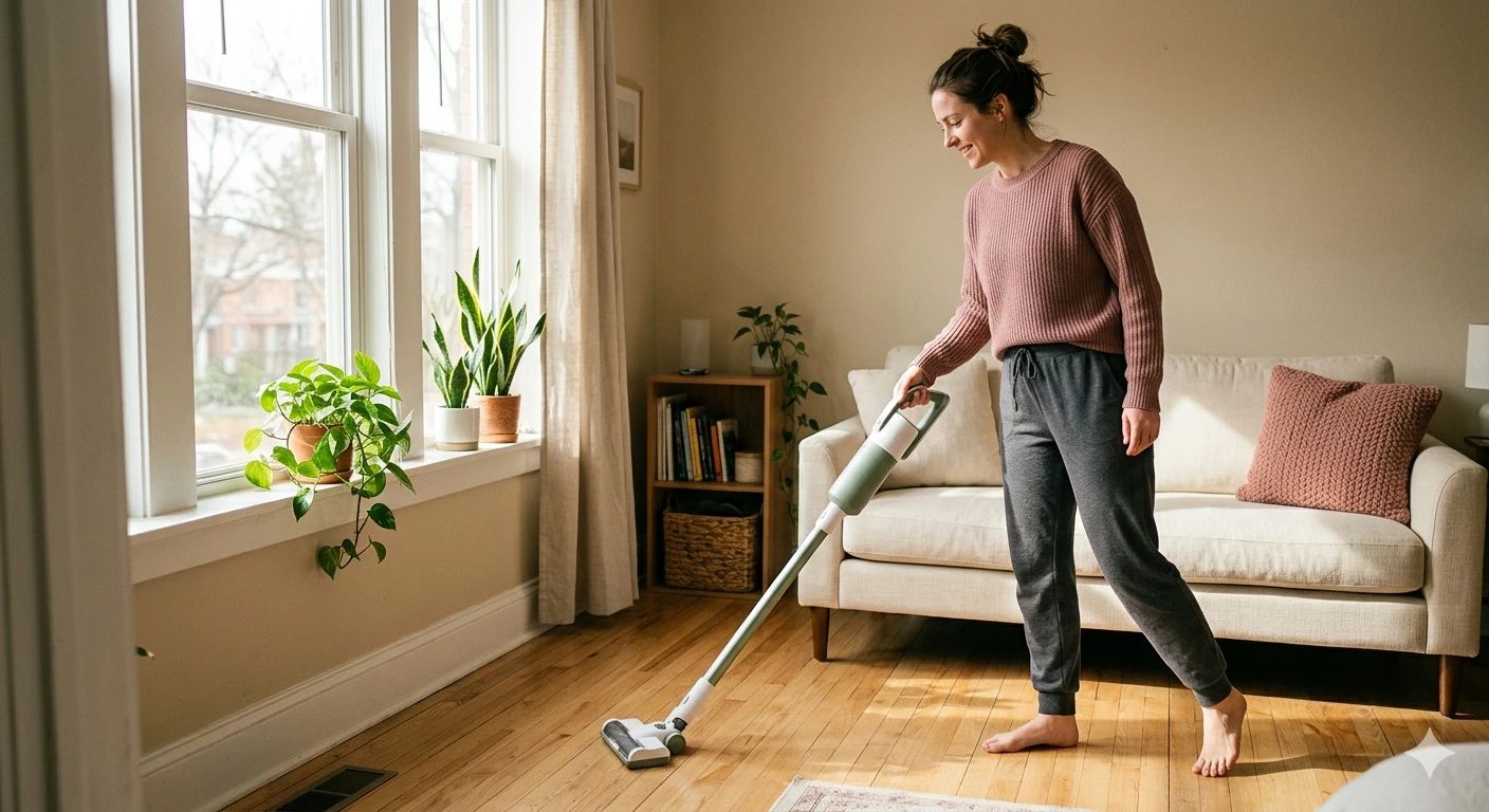 A young woman vacuuming a small sunlit studio apartment with a lightweight stick vacuum, morning light through a large window