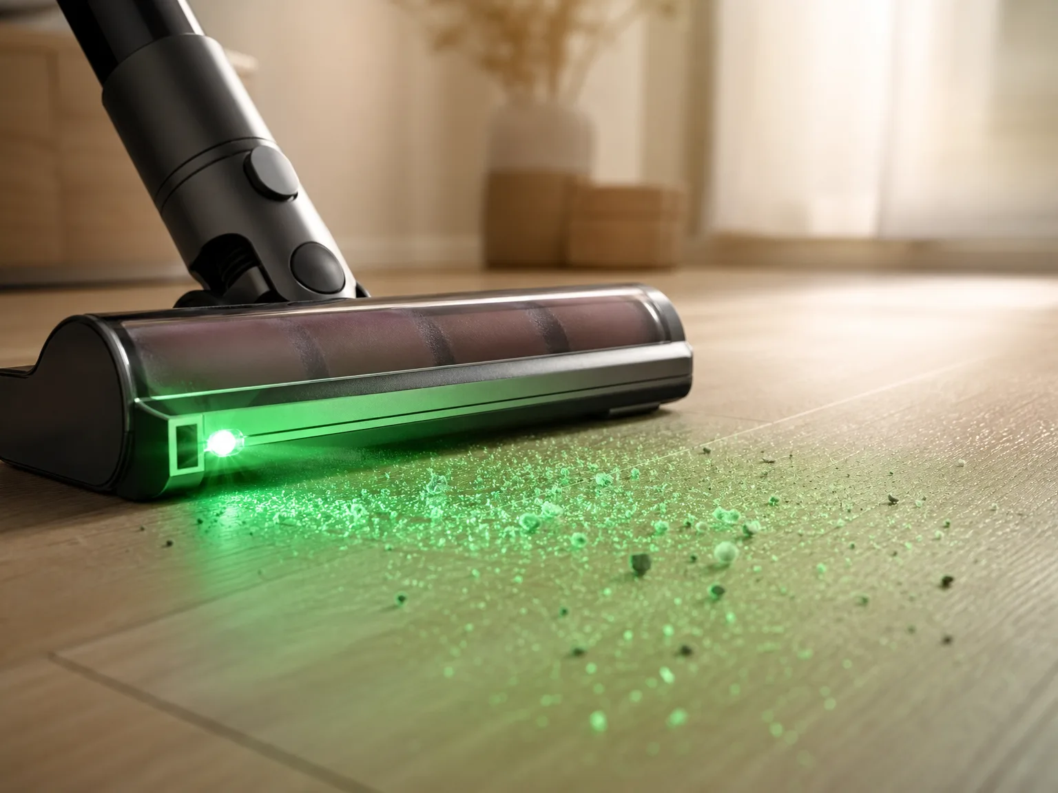Close-up of a vacuum brush head with green laser illuminating fine dust on a hardwood floor