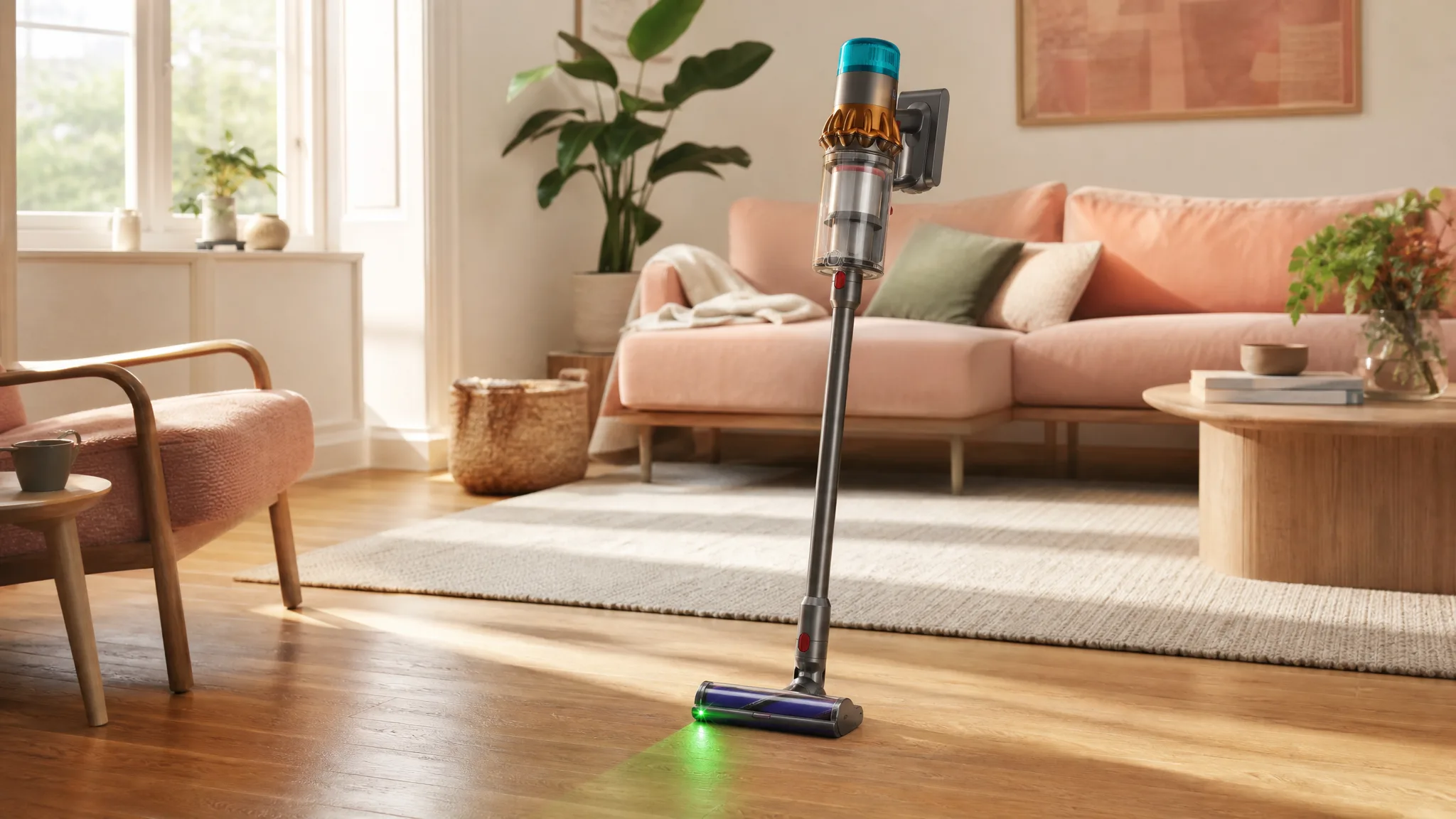 Dyson Gen5detect standing upright in a sunlit modern living room with warm wood floors and a cream area rug