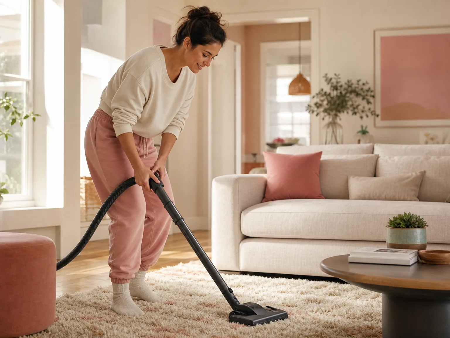A woman vacuuming a medium-pile rug in a bright living room, natural window light, candid mid-action shot