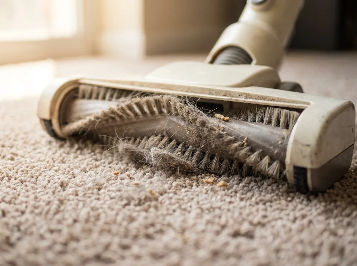 Close-up of a vacuum brush head pulling pet hair off a medium-pile beige carpet, warm light from a nearby window
