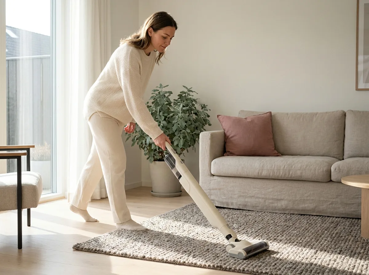 A woman in her early thirties vacuuming a cream-colored rug in a bright modern living room, natural window light, mid-action