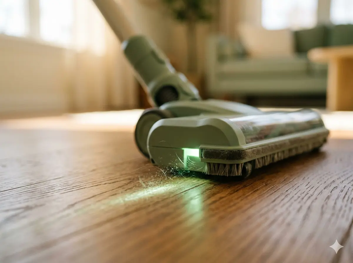 Close-up of a vacuum brush head lifting fine dust and pet hair from warm-toned hardwood floor, shallow depth of field