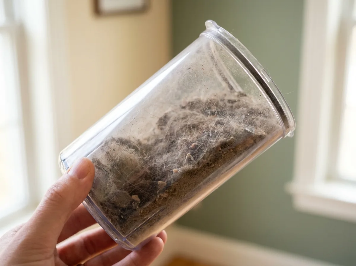 Close-up of a vacuum's transparent dust bin showing collected pet hair and debris, studio-style product detail shot on neutral background