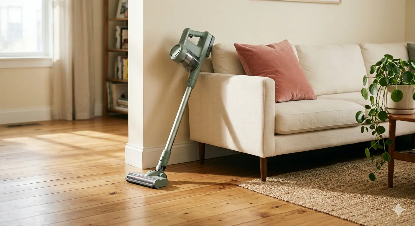 Cordless stick vacuum leaning against a warm sunlit living room wall next to a cream sofa, natural morning light