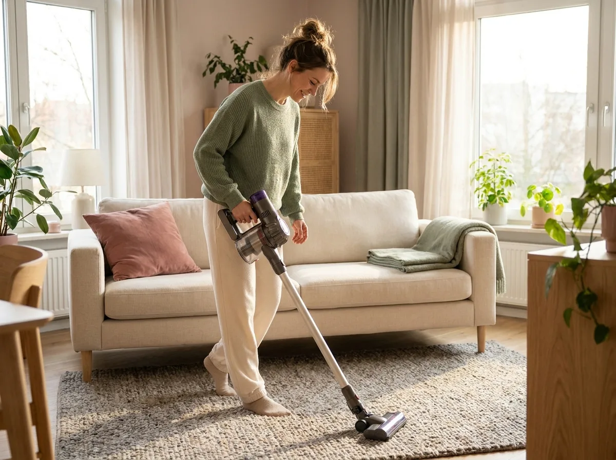 Woman in casual clothes using a cordless stick vacuum on a warm-toned area rug in a bright apartment, natural light from side window