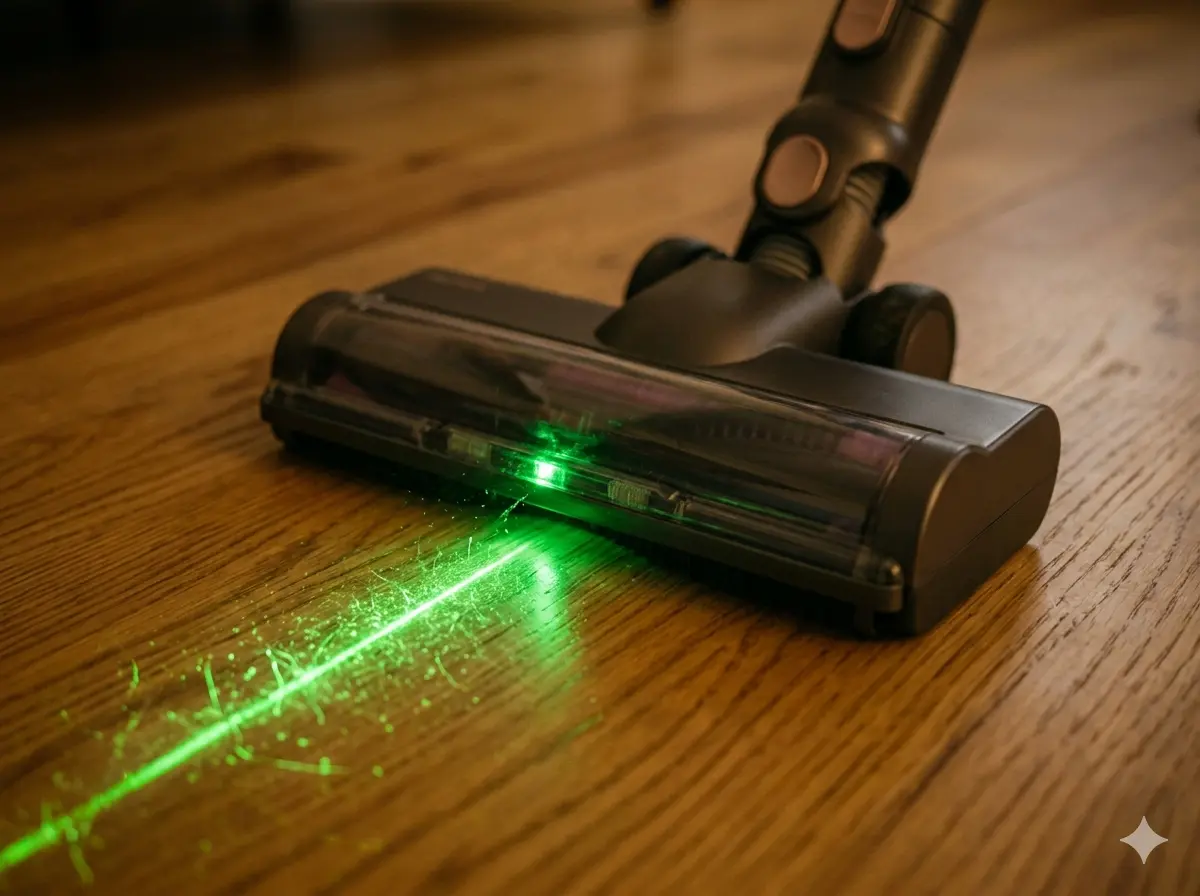 Green laser light from a vacuum head revealing fine dust on a hardwood floor