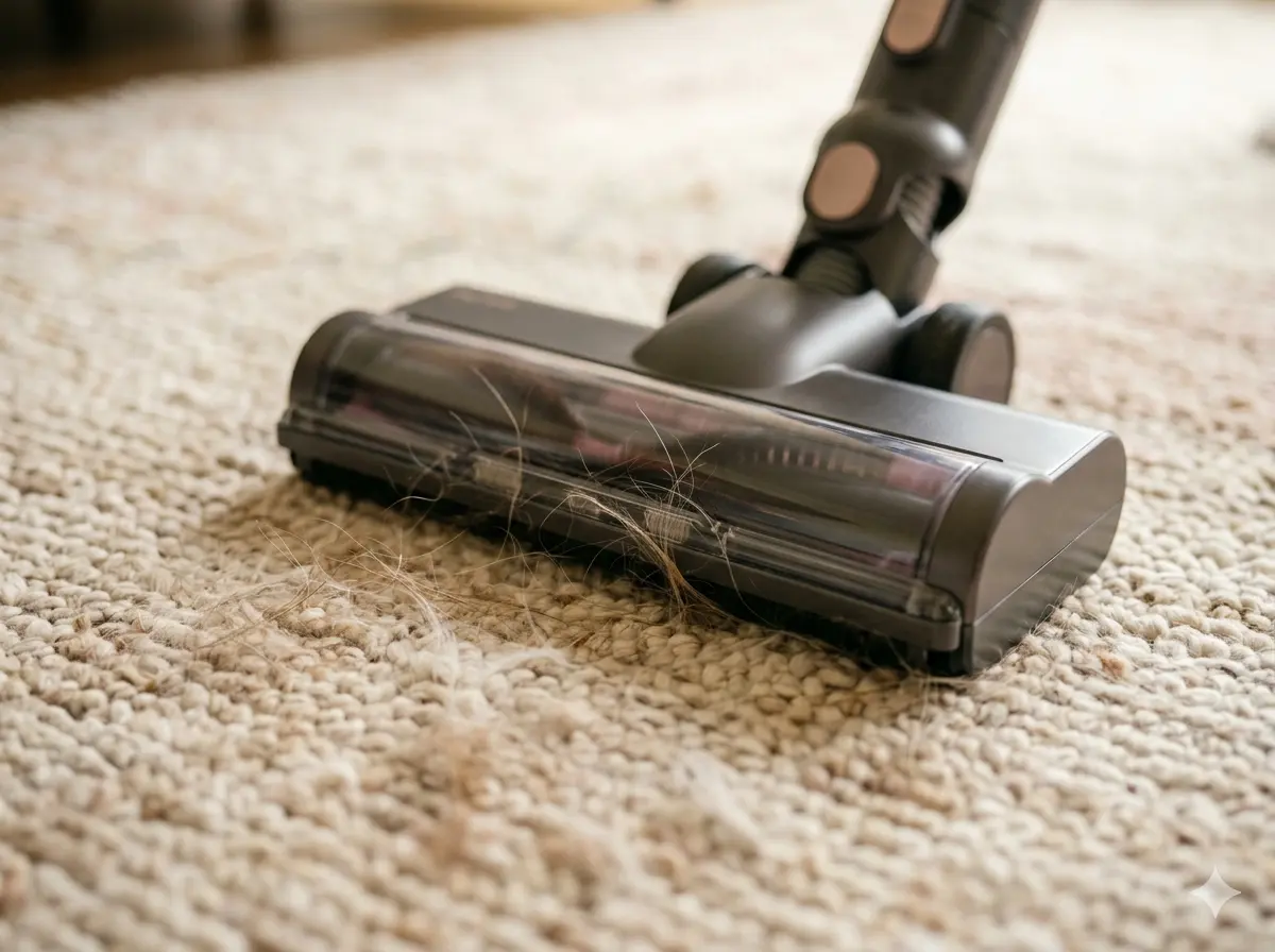 Close-up of a cordless vacuum head lifting embedded pet hair from a mid-pile rug