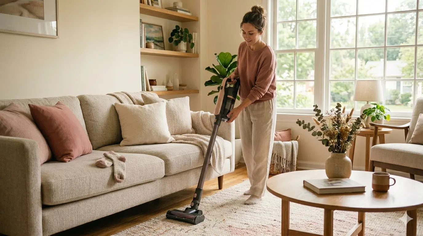 Woman vacuuming a sunlit living room with a cordless stick vacuum, warm cream and rose tones