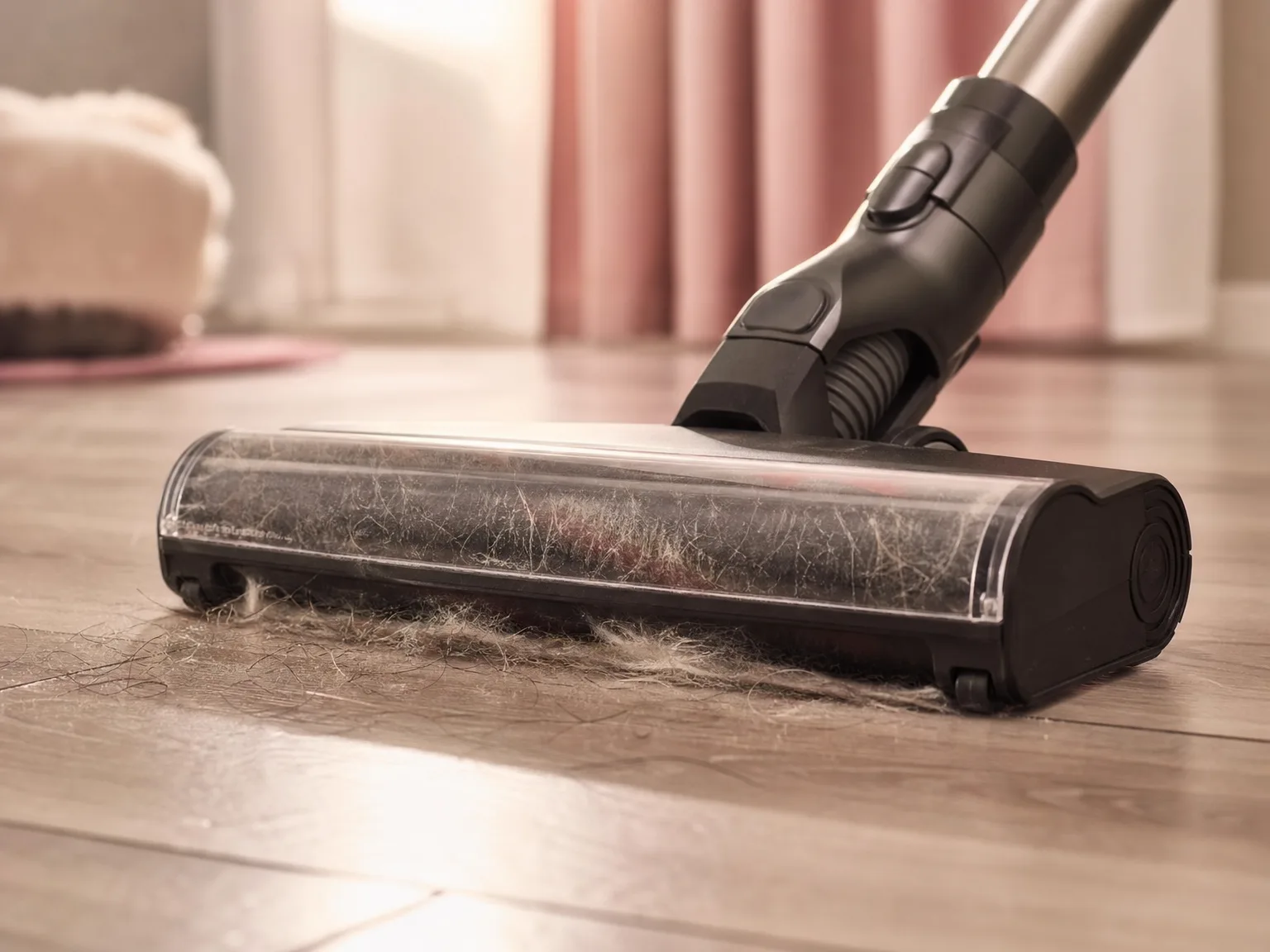 Close-up of canister vacuum brush head picking up pet hair from laminate floor