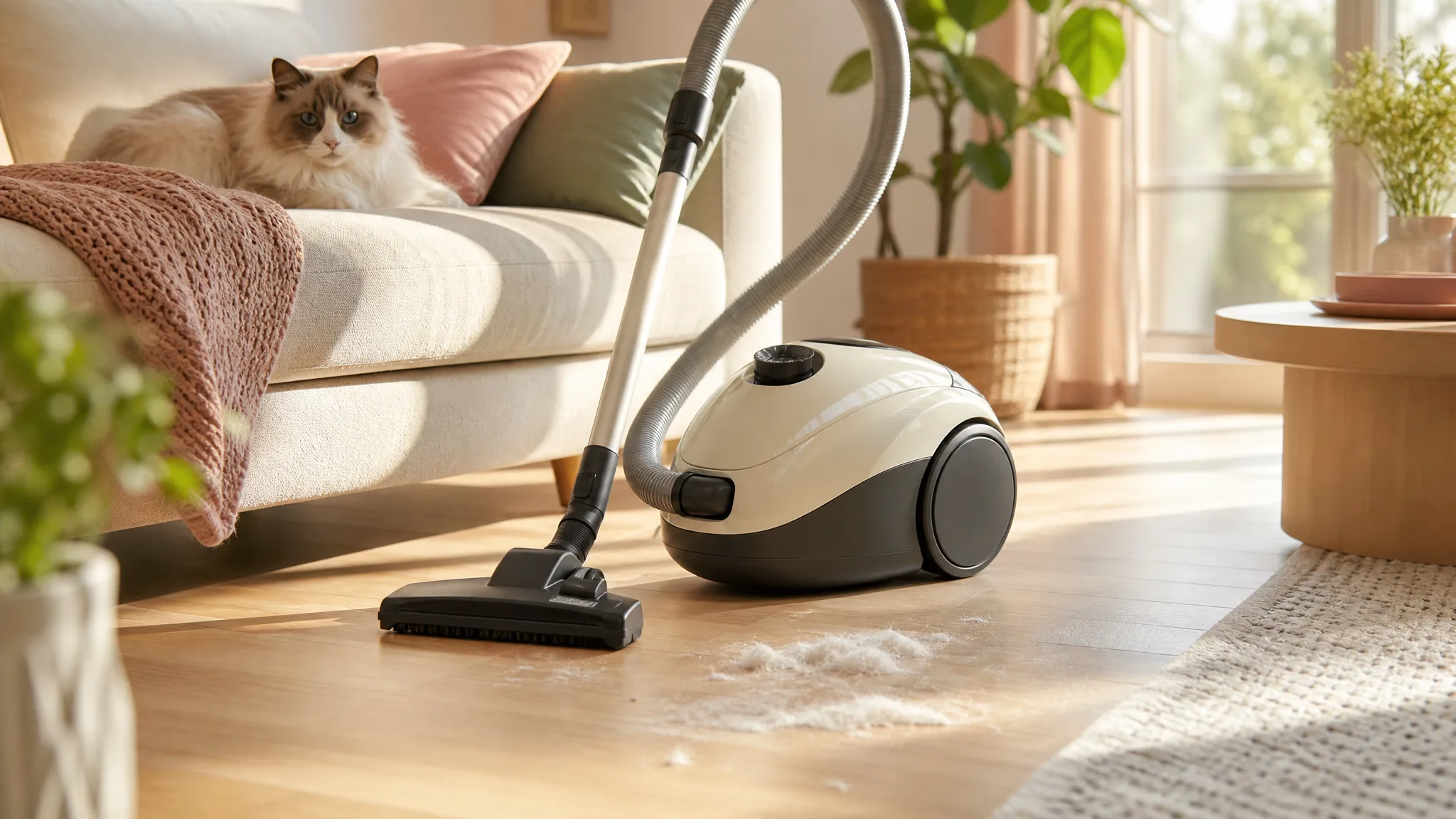 Lightweight canister vacuum set beside a hardwood floor in a warm sunlit living room