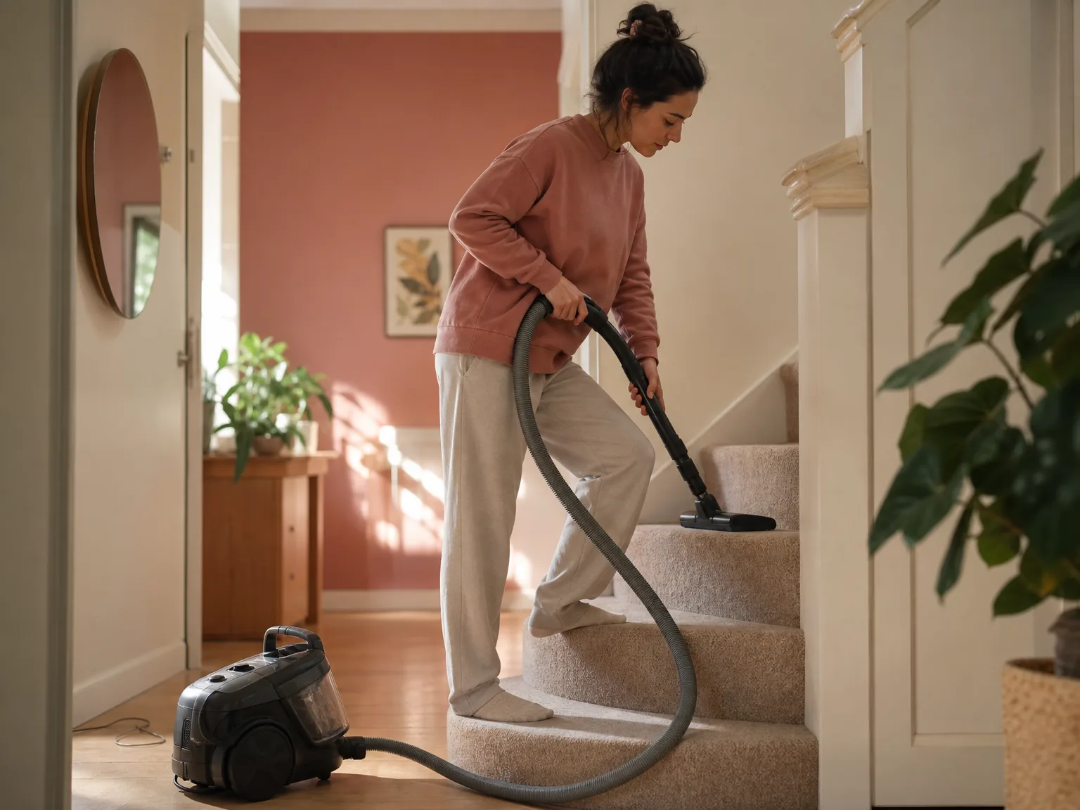 Woman vacuuming stairs with a canister vacuum, morning light, warm home interior