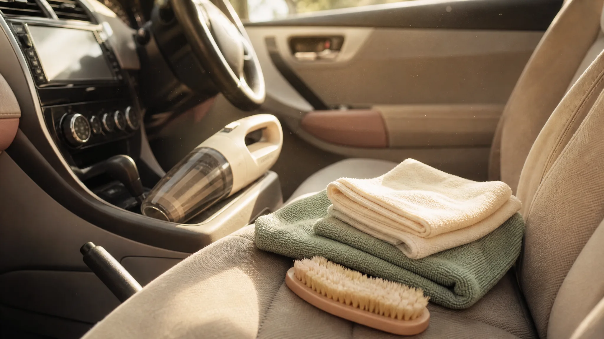 A sunlit car interior with cleaning supplies laid out on the passenger seat: microfiber cloths, a stiff brush, and a handheld vacuum on the center console