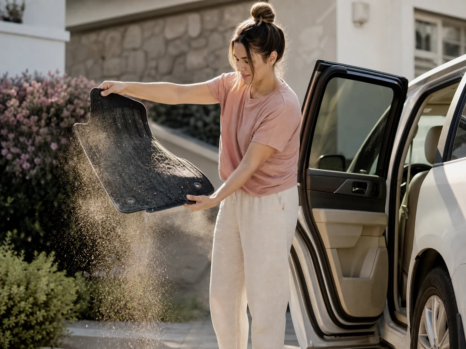 Car floor mats being shaken out on a sunlit driveway, dust catching the morning light