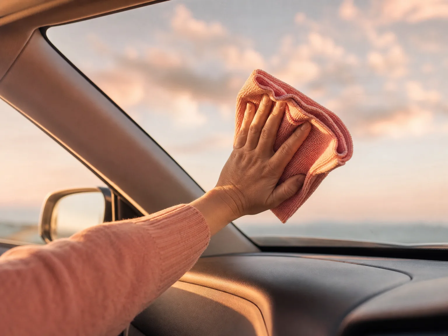 Hand wiping the interior windshield with a microfiber cloth, late afternoon light across the dashboard