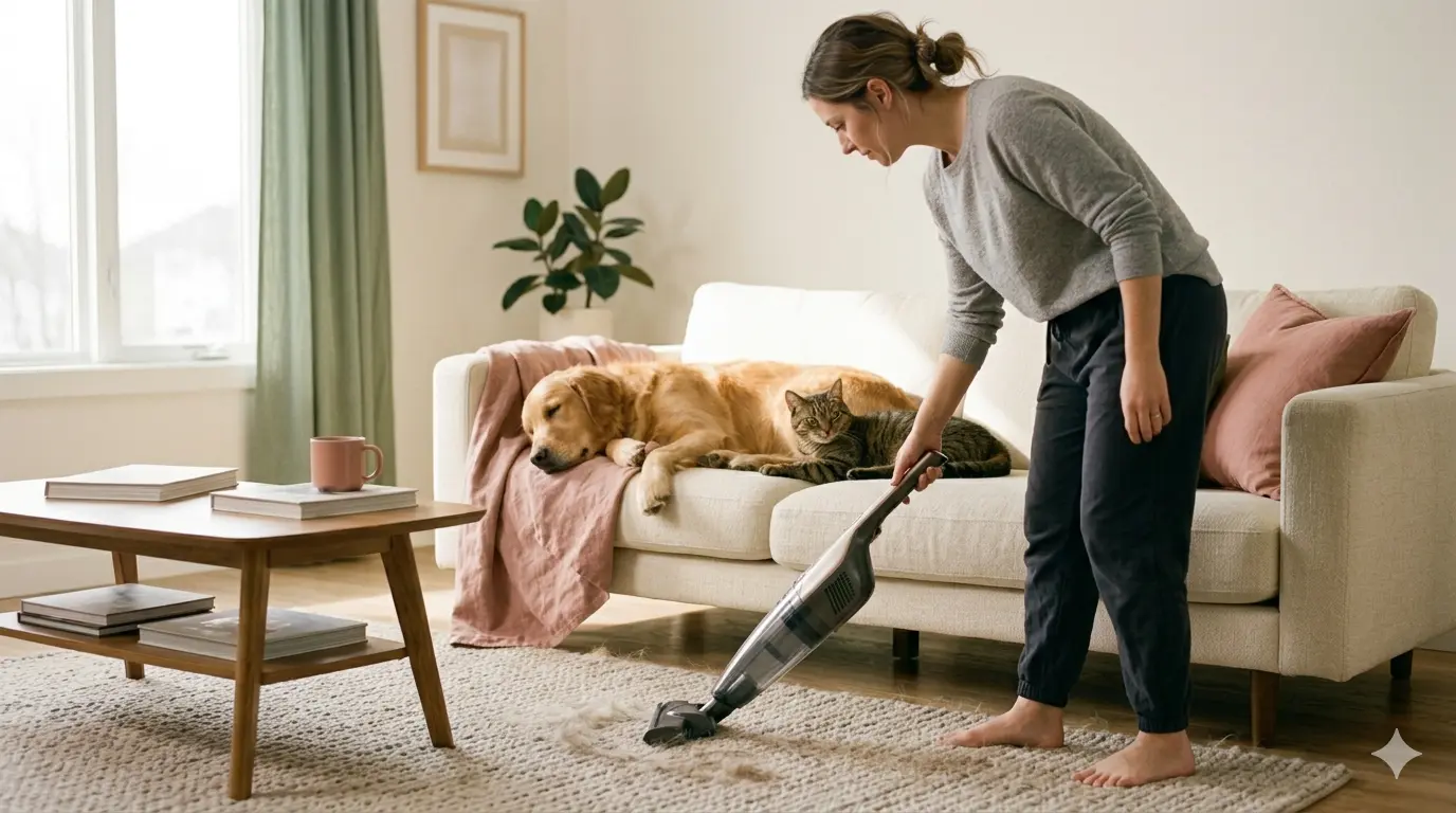 A cat resting on a cream sofa in a sunlit living room while a person vacuums dog hair from a beige area rug
