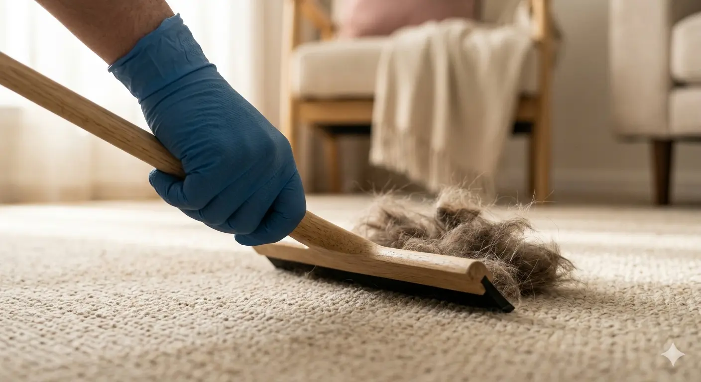 A gloved hand dragging a rubber squeegee across a beige carpet, gathering loose pet hair into a visible clump